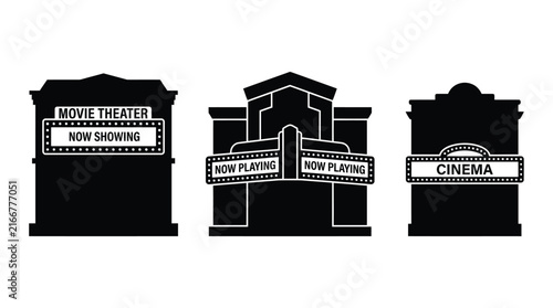 Three movie theater building silhouettes against a white background silhouette