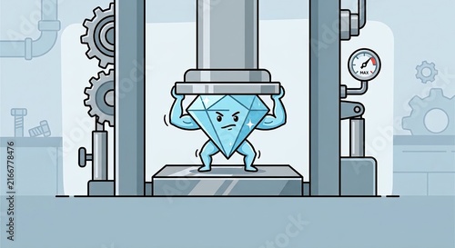 Strong diamond character holding up a heavy industrial hydraulic press machine under high pressure, concept for stress resilience and durability, vector illustration