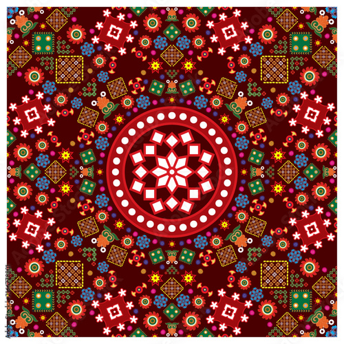 Colorful Vector Illustration of Ornamental Seamless Surface Design with Vibrant Folk Motifs, Mandala for textile, wallpaper, home decor, packaging and fabric print