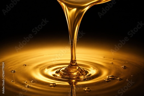 Golden Liquid Stream Flowing Into Reflective Surface on Black Background