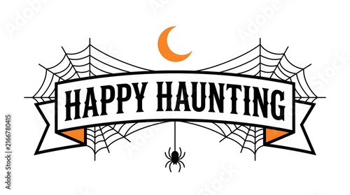 Halloween party banner with haunted house and full moon for spooky celebration decor.