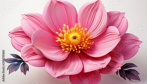 Close Up Of A Stylized Pink Flower With A Bright Yellow Center And Textured Petals Isolated On White Background