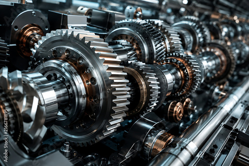 Close Up Detailed Shot Of Heavy Duty Precision Metallic Engine Gears And Transmission Shaft Mechanism Systems Demonstrating Industrial Mechanical Engineering Machinery Power