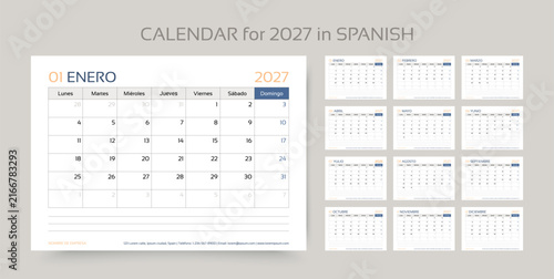 2027 Spanish calendar. Planner template. Calender layout with 12 month. Week starts Monday. Monthly diary with pages. Yearly table organizer. Desk schedule grid. Vector illustration. Horizontal design