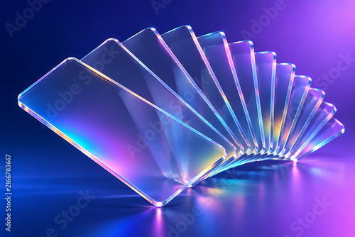 Symmetrical Fan Of Clear Glass Rectangular Plates Displaying Vibrant Neon Gradient Light Prism Refraction On Reflective Surface Dynamic Abstract Futuristic Interface
