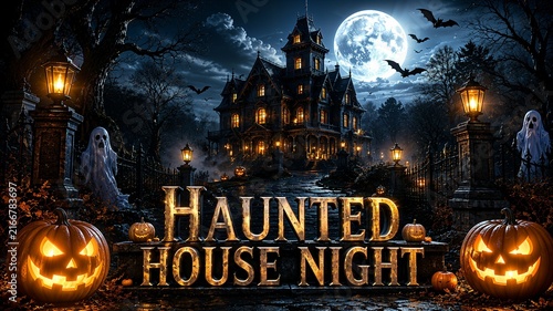 Spooky Haunted House Night Halloween Background with Glowing Pumpkins, Ghost Figures,