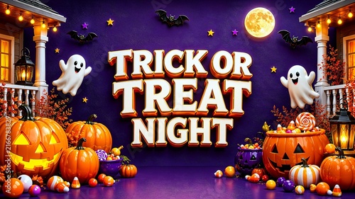 Cute Trick or Treat Night Halloween Background with Glowing Pumpkins, Cute Ghosts, and Candy Sweets