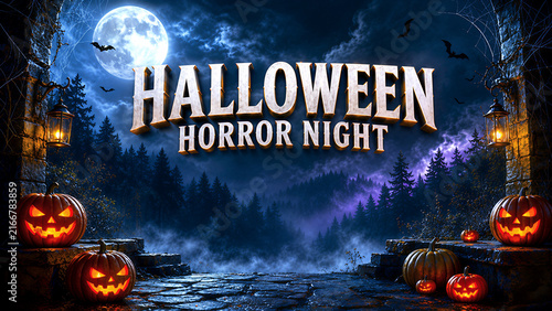 Spooky Halloween Horror Night Background with Glowing Jack O Lanterns, Full Moon,