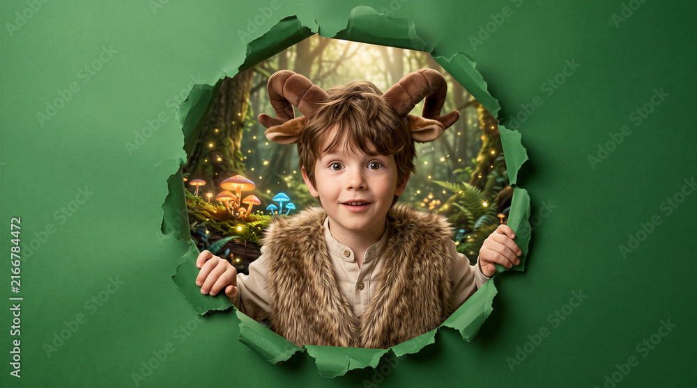 Obraz premium Child wearing deer antlers peeking through torn green paper into enchanted forest. Fantasy, children s book, imagination, education.