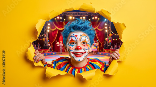 Child clown peeking through torn yellow paper into circus tent. Entertainment, performance, celebration, children s event.