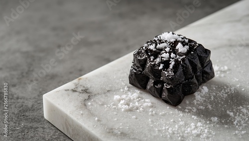 Dark chocolate truffle with sea salt on white marble surface