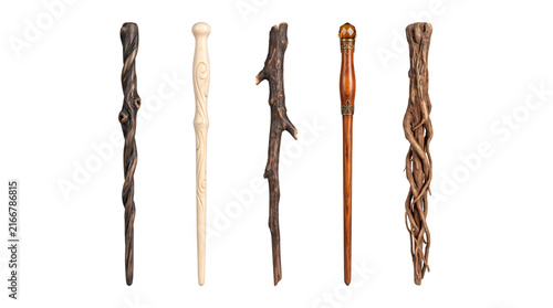 Fotografie A collection of five different fantasy wizard magic wands crafted from various w