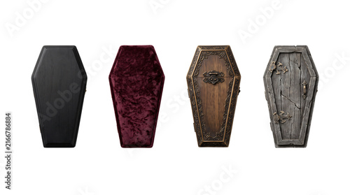 Canvas Print A collection of four different decorative funeral coffins and caskets displayed