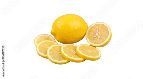 Cuadro en lienzo A whole fresh yellow lemon with several sliced pieces arranged together as an is