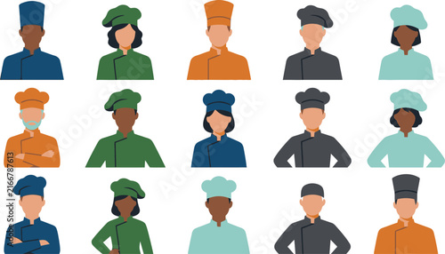 Set of diverse professional chefs wearing colorful uniforms and hats isolated on a white background vector illustration