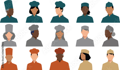 Set of diverse professional chef avatars wearing various uniform colors and hats in a flat vector style