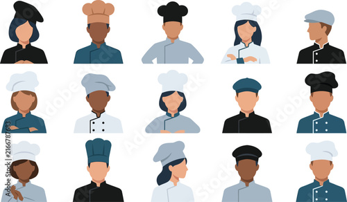 Set of diverse professional chefs and kitchen staff wearing various uniforms and hats isolated on white background