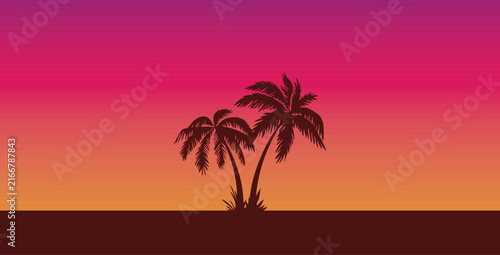 Tropical palm tree silhouettes against vibrant sunset gradient background. Minimalist retro 80s synthwave vector landscape with magenta and orange sky for summer vacation poster design.
