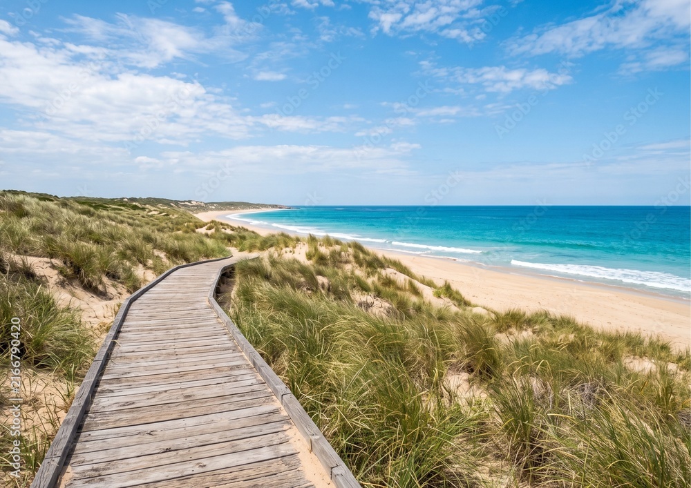 Obraz premium Wooden boardwalk leading through grassy sand dunes to a scenic tropical beach and blue ocean