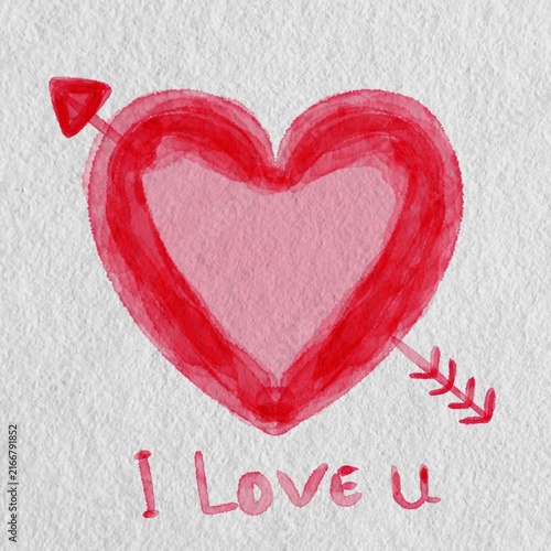 Fotografía Hand-painted watercolor red and pink heart pierced by cupid's arrow with I Love U lettering on textured white paper