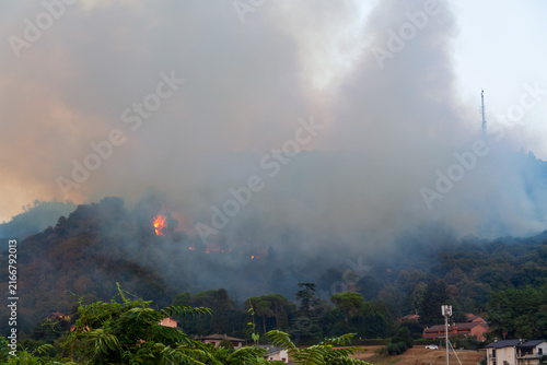 Wildfire on Hillside with Firefighting Helicopter near Residential Area