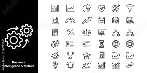 Business Intelligence and Metrics icon set, 36 thin line vector symbols for data analysis, corporate finance and marketing strategy