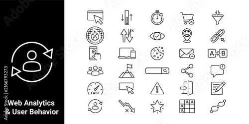Web analytics and user behavior line icons, 25 digital marketing vector elements, data tracking and conversion rate optimization symbols