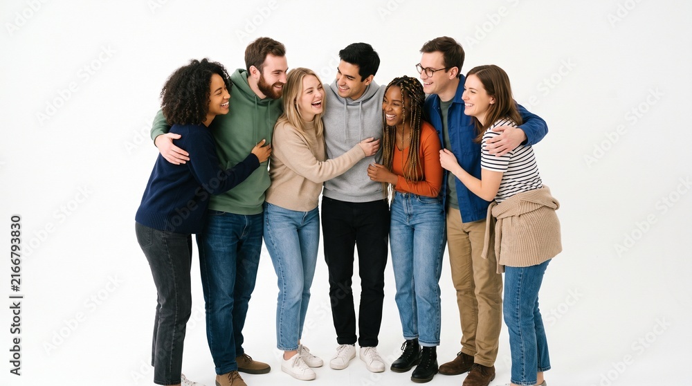 Fototapeta premium Diverse group of friends laughing and hugging together in a studio setting