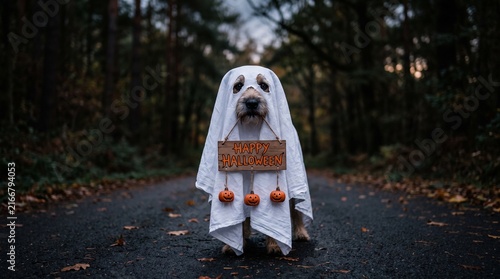 dog in a ghost costume holding a happy halloween sign outdoors at night