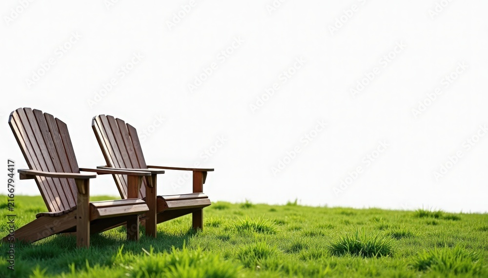 Fototapeta premium Adirondack chairs on green lawn with twin wooden seats and wide armrests, adirondack chairs paired for outdoor relaxation beneath clear sky and soft sunlight,