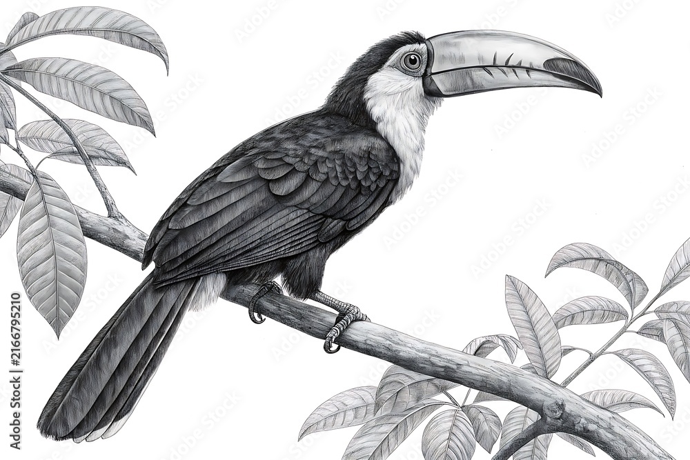 Naklejka premium Black and white toucan bird perched on a branch