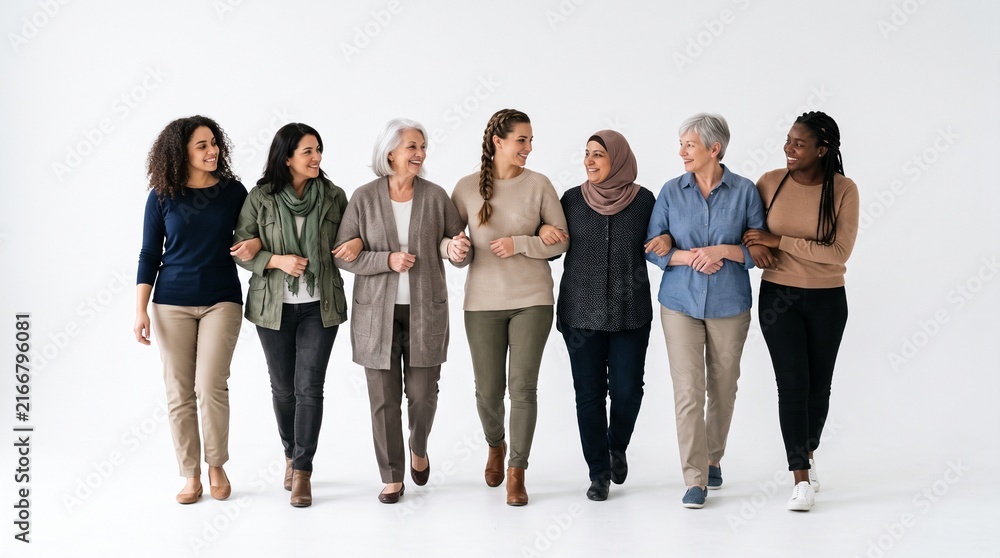 Obraz premium Diverse group of women of different ages and ethnicities walking together arm in arm