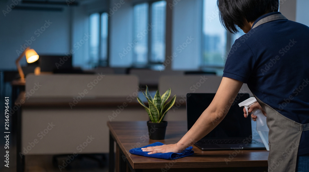 Obraz premium Professional Janitor Cleaning Office Desk with Microfiber Cloth and Spray Bottle at Night, Commercial Cleaning Service Concept banner with Laptop and Copy Space for Business