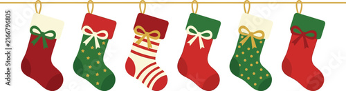 A row of colorful festive christmas stockings hanging on a wooden rod isolated on a white background illustration