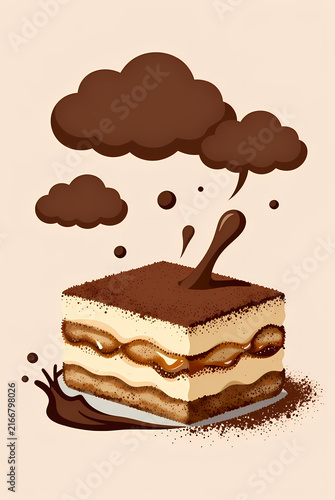 A decadent slice of tiramisu topped with chocolate shavings and a chocolate drizzle.