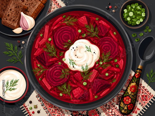 A vibrant bowl of borscht is served with sour cream, dill, bread, and garlic.