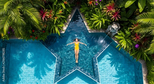 Woman floating in a star shaped swimming pool surrounded by lush tropical garden foliage