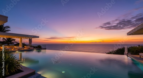 Luxury infinity pool overlooking the ocean at sunset, tropical villa terrace view.