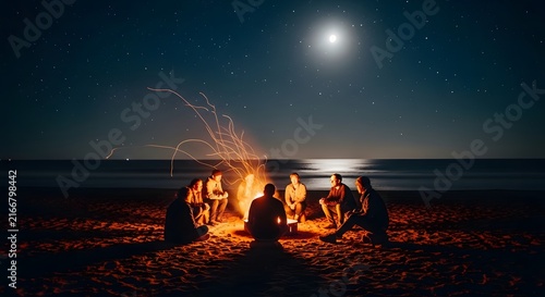 Friends sitting around a campfire on a beach at night under a full moon and starry sky