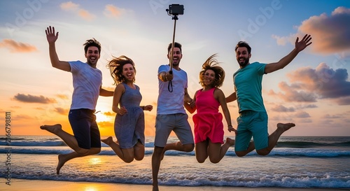 Group of friends jumping for a selfie on the beach at sunset