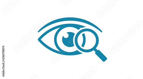 Blue eye icon with magnifying glass for ophthalmology examination and vision correction services.