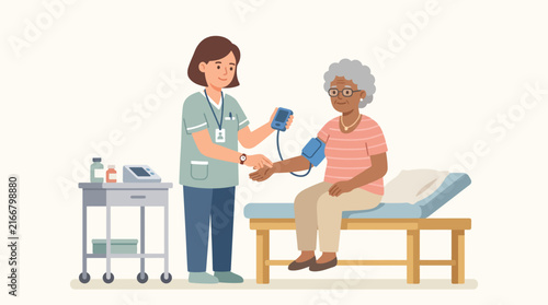 Nurse checking senior woman blood pressure on examination table for geriatric health monitoring.