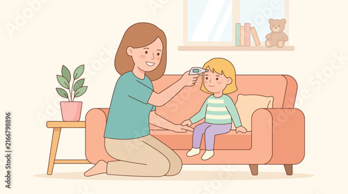 Mother checking daughter temperature with infrared forehead thermometer in living room home care.