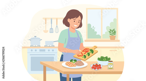 Young smiling woman prepping healthy food adding fresh chopped red pepper to plate in kitchen.