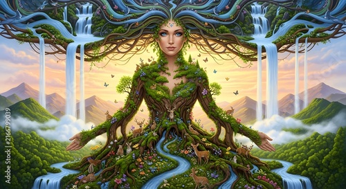 Mother Nature goddess portrait with forest landscape and flowing waterfalls fantasy art