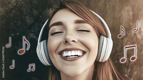 A young woman with eyes closed smiles blissfully while wearing headphones, immersed in music. Floating notes surround her as warm tones and soft lighting create a joyful, intimate portrait of pure auditory escape, AI generated