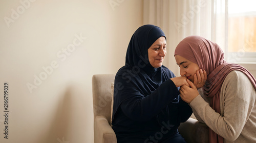Young Muslim woman kissing her mothers hand as a sign of love and respect at home