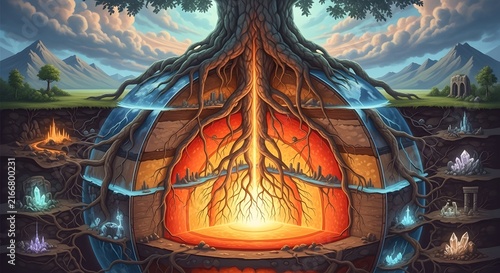 Cross section of earth with glowing tree roots and magical underground crystal caverns