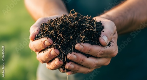 Farmer holding fertile soil in hands, organic gardening and sustainable agriculture concept