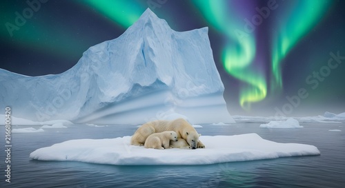 Polar bear mother and cub resting on ice floe under vibrant northern lights aurora borealis